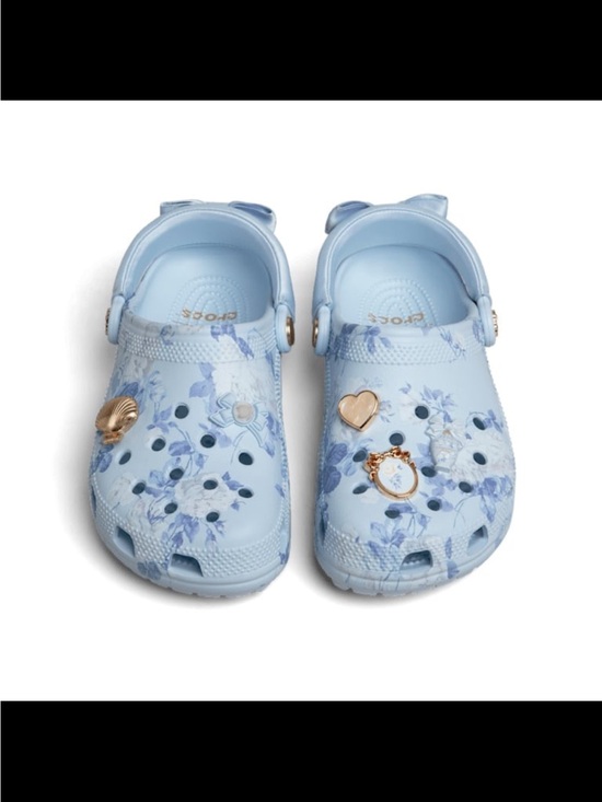 LoveShackFancy Shoes - LoveShackFancy Light Blue Floral Clogs with Gold Charms